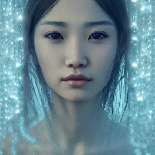 Image similar to intricate highly detailed face portrait of asian - european woman, light blue water vines on her face, intricate, cgsociety, unreal engine, octane render, sharp focus, smooth, volumetric lighting, cinematic composition, artstation