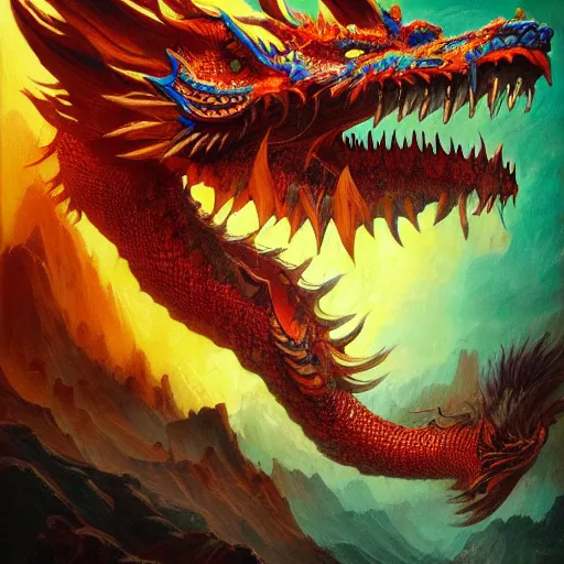 Prompt: artstation concept of a chinese dragon breathing visably, bright colorful, hyperdetailed, artstation trending, world renowned artists, worth 1 0 0 0. com, historic artworks society, antique renewel, cgsociety, by greg rutkowski, by gustave dore, deviantart