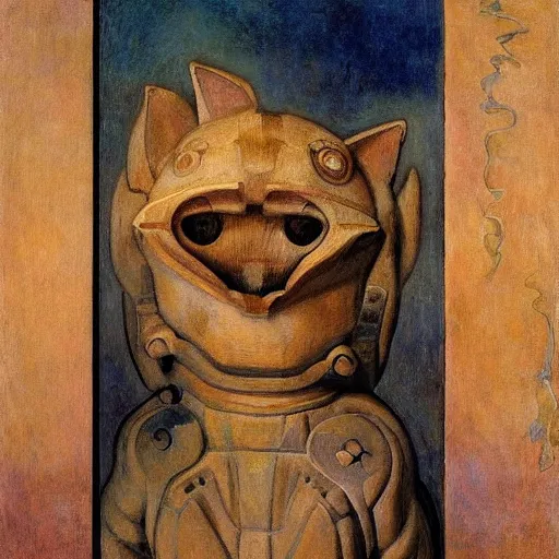 Image similar to sculpture of a cat in a spacesuit, by annie swynnerton and diego rivera and nicholas roerich and jean delville, symbolist, dramatic lighting, god rays, art brut, rich colors, smooth, sharp focus, extremely detailed, adolf wolfli, by janet fish and ( donato giancola and bilibin )