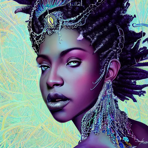 Prompt: the portrait of the absurdly beautiful, graceful, elegant, gorgeous, sensual black young goddess made of crystals, an ultrafine hyperdetailed illustration by kim jung gi, irakli nadar, intricate linework, ultra bright colors, octopath traveler, final fantasy, unreal engine 5 highly rendered, global illumination, radiant light, intricate environment