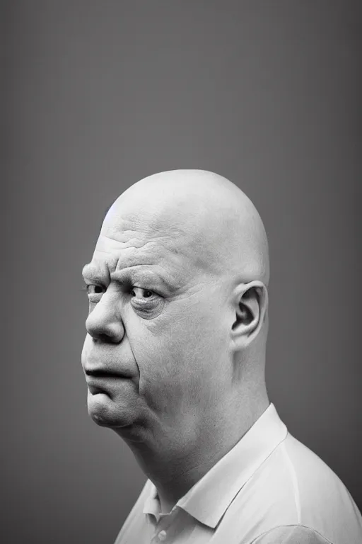 Prompt: studio portrait of man that looks excactly like homer simpson, lookalike, as if homer simpson came to life, soft light, black background, fine details, close - up, award winning photo by martin schoeller