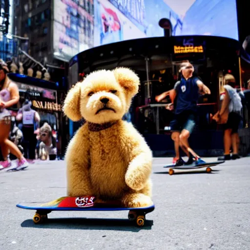 Image similar to a teddy puppy on a skateboard in times square