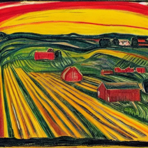 Prompt: a small vintage farm on fire in a corn field in the style of Edvard Munch