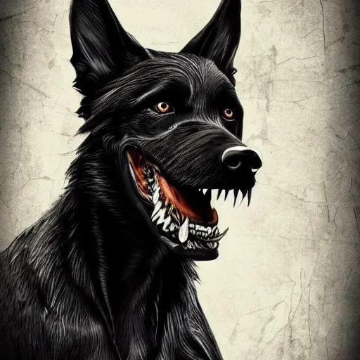 Prompt: venom dog version, ultra realistic, highly detailed, photorealism, scary, intricate detail, high res, textures, extremes, dark, twisted, black, wiry, superhero, antihero, powerful, teeth, licking tongue, dog, hair, german shepard