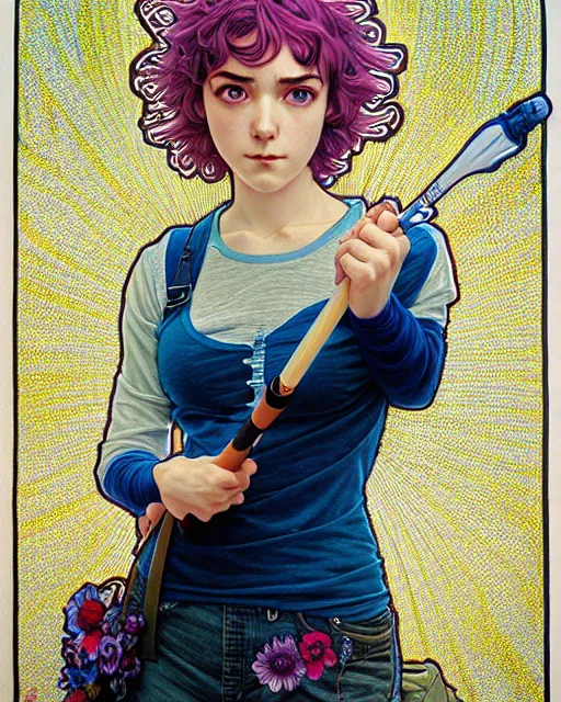 Image similar to ' ramona flowers ', closeup shot of face, beautiful shadowing, 3 d shadowing, reflective surfaces, illustrated completely, 8 k beautifully detailed pencil illustration, extremely hyper - detailed pencil illustration, intricate, epic composition, masterpiece, bold conflicting colors. stunning masterfully illustrated by range murata, alphonse mucha, katsuhiro otomo.