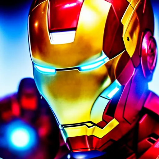 Prompt: Iron man, close up shot, neon, futuristic, photorealistic, 8K, reflection on helmet,