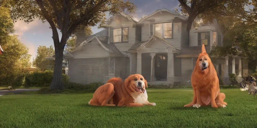 Image similar to a giant dog sitting between houses in a suburban neighborhood, weta pixar 8 k