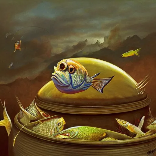 Image similar to a worried fish on the top of a pile of fish, all the fish are inside a cooking pot on the fire, side view, by vladimir kush, dystopian art, rococo