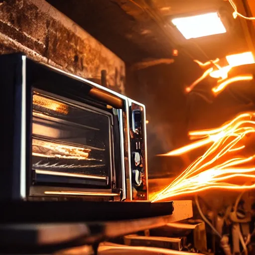 Image similar to toaster oven connected to 1 0 0 cables, symmetry, dark messy smoke - filled cluttered workshop, dark, dramatic lighting, orange tint, sparks, cinematic, highly detailed, sci - fi, futuristic, movie still