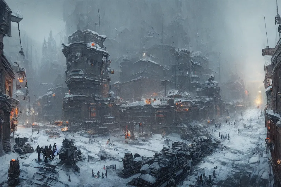 Prompt: highly detailed painting of dieselpunk stockholm, winter, snow, dystopia, by greg rutkowski, 4 k resolution, trending on artstation