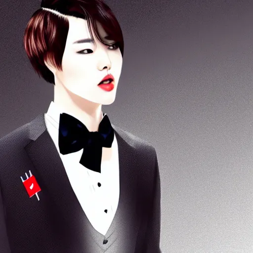 Prompt: portrait of a beautiful korean girl wearing a men's tuxedo, with short messy hair, men's haircut, angular features, angry expression, digital art, elegant pose, detailed illustration