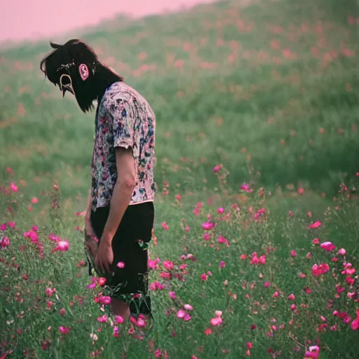 Prompt: kodak portra 4 0 0 photograph of a skinny goth guy standing far back in a field of flowers, wearing bandana on face, moody lighting, telephoto, 9 0 s vibe, blurry background, vaporwave colors, faded!,