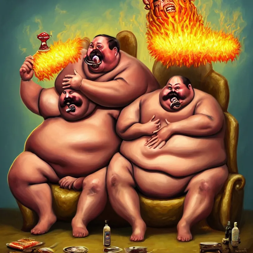 Image similar to painting of a very fat khatapa with a thick moustache eating the leg of a terrified man while sitting on a throne, in the background there is a nuclear explosion, cute, hilarious, disturbing, nightmare, highly detailed, funny, hahahaha, by david cronenberg, found on artstation, hyperrealistic digital art