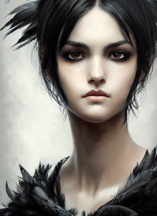 Image similar to a teenage girl with very short black hair and a huge cloak made of grey and black feathers. beautiful highly detailed face. beautiful painting by artgerm and greg rutkowski and raymond swanland