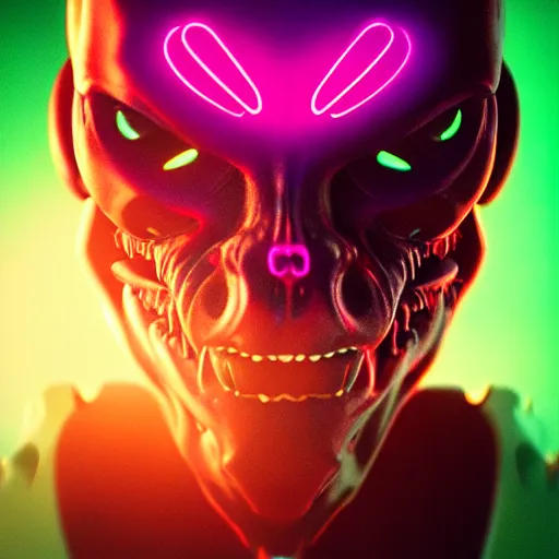 Image similar to synthwave demonic alien face with neon tattos, detailed face, sharp focus, synthwave art, aesthetic, octane render, raw, cinematic, colorful