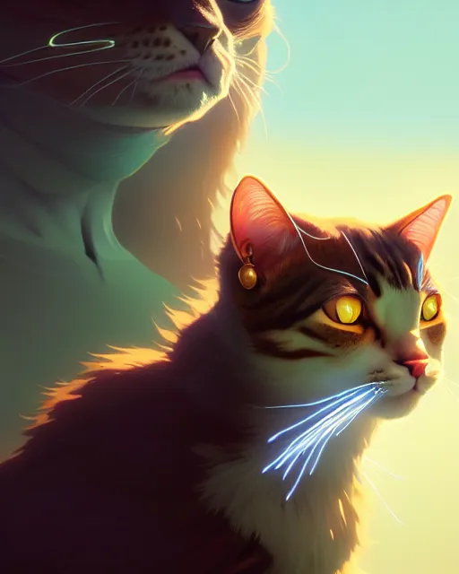 Image similar to portrait of humanoid cat, highly detailed vfx portrait, unreal engine, greg rutkowski, loish, rhads, beeple, makoto shinkai and lois van baarle, ilya kuvshinov, rossdraws, tom bagshaw, alphonse mucha, global illumination, detailed and intricate environment