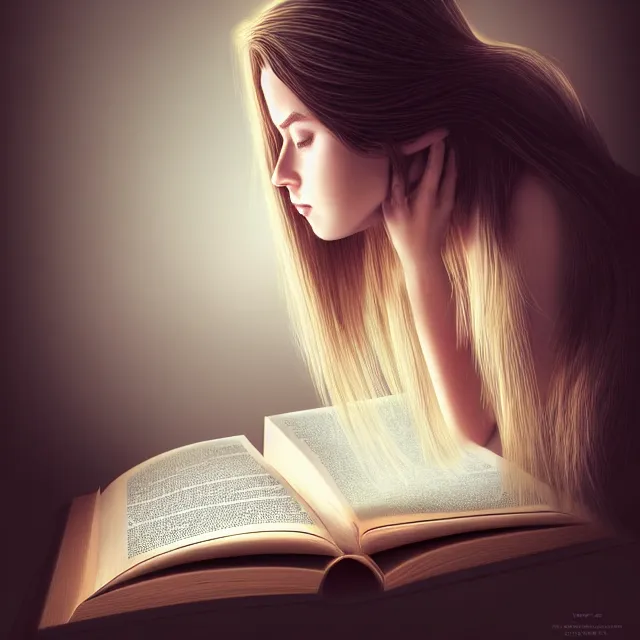 Prompt: a girl reading a book, her hair flowing down, highly detailed, 4 k, hdr, smooth, sharp focus, high resolution, award - winning photo, artgerm, photorealistic