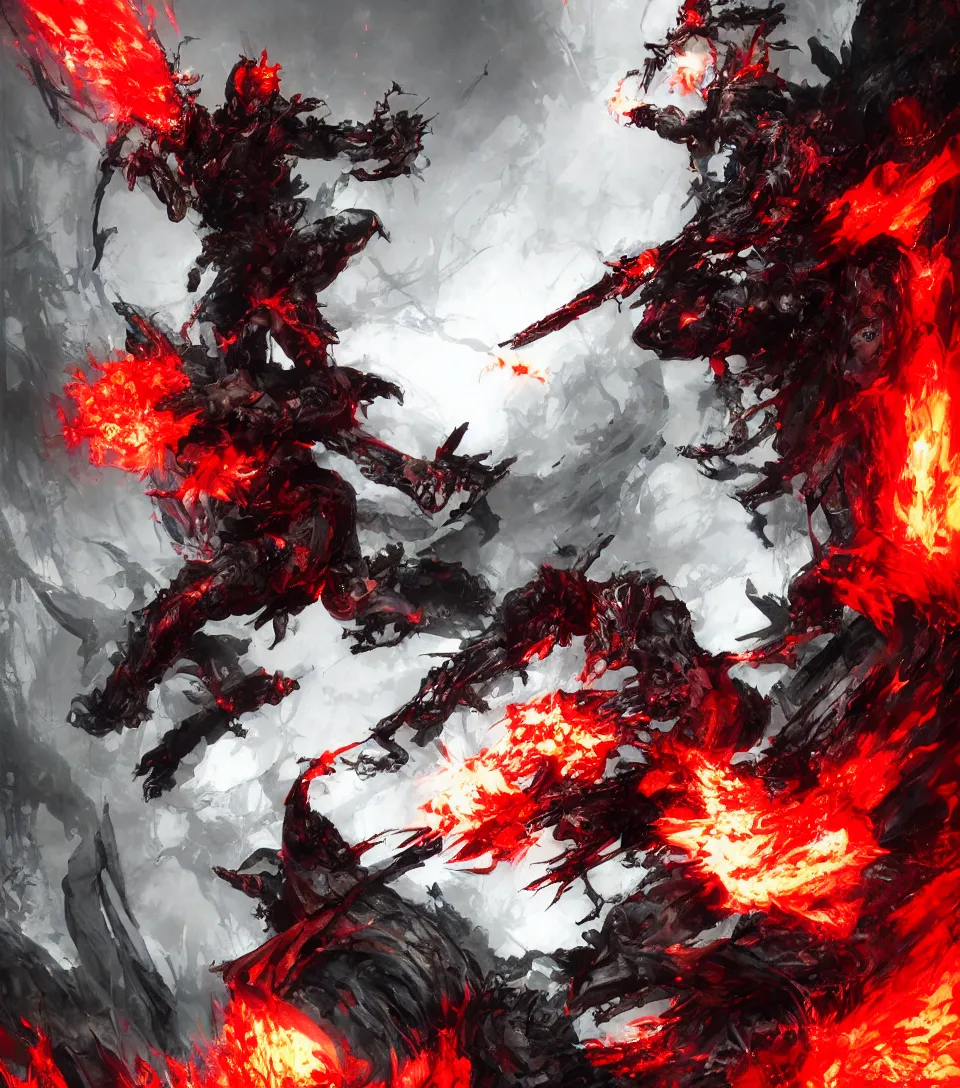 Image similar to lone demonic ninja in hell, red flames, collaborative artwork by yoshikita amano, ruan jia, yoji shinkawa, trending on artstation, very very detailed, beautiful, amazing quality, breathtaking artwork