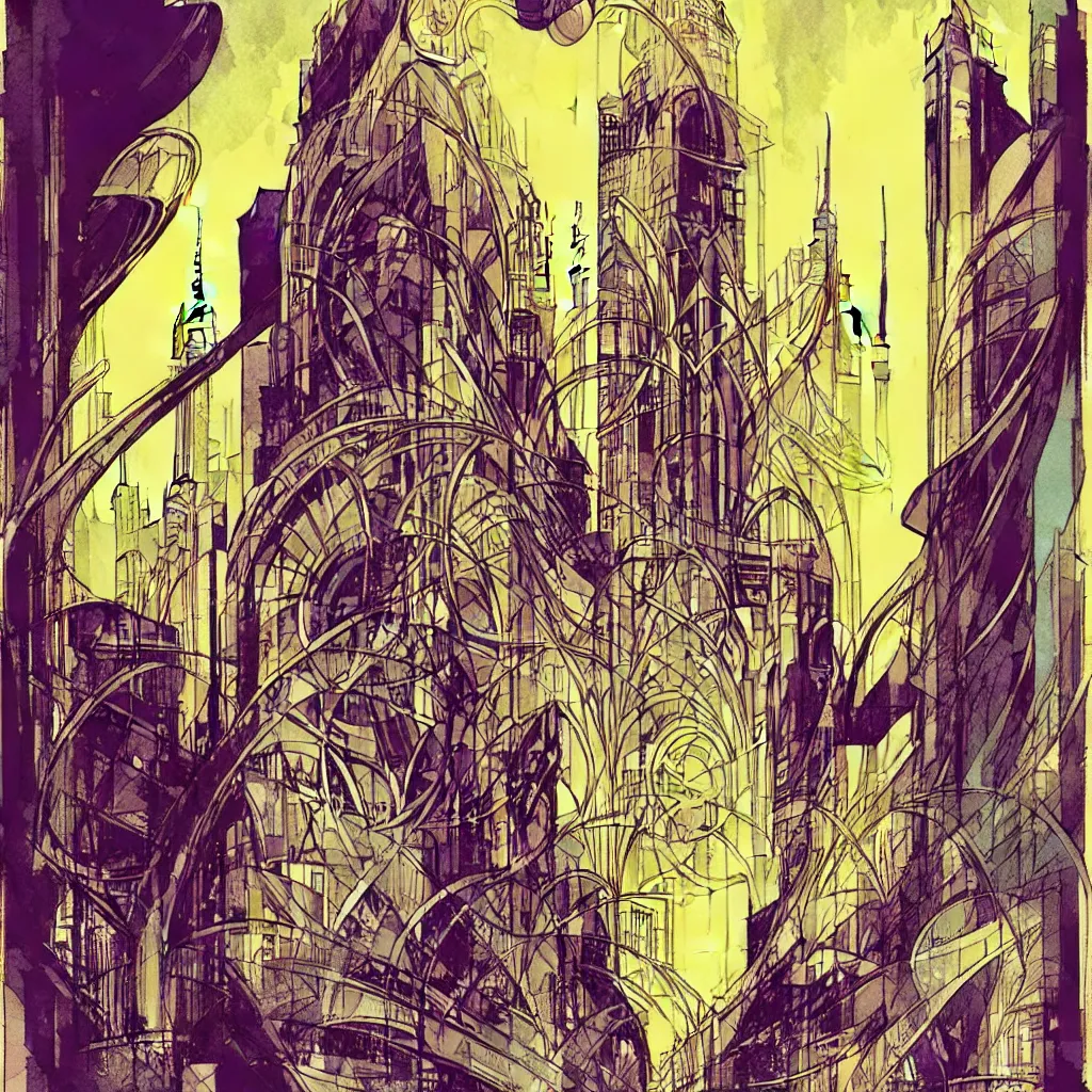 Image similar to bill sienkiewicz art nouveau city