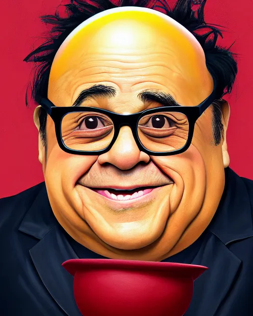 Image similar to painting portrait of danny devito as an egg, cartoon, warm lighting, danny devito has an egg body, movie poster, illustration by bartek fedyczak, erak note, tooth wu, neil richards, kan liu, siwoo kim, jisu choe, trending on art station