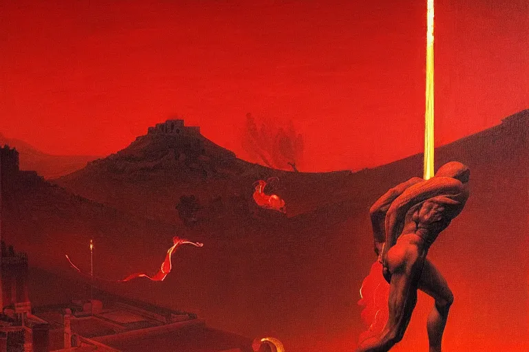 Image similar to only with red, a red melted apollo with a laurel wreath and a flaming sword announce win, athens in background, in the style of beksinski, parts by edward hopper, parts by rodcenko, parts by yue minjun, intricate and epic composition, red by caravaggio, insanely quality, highly detailed, masterpiece, red light, artstation, 4 k