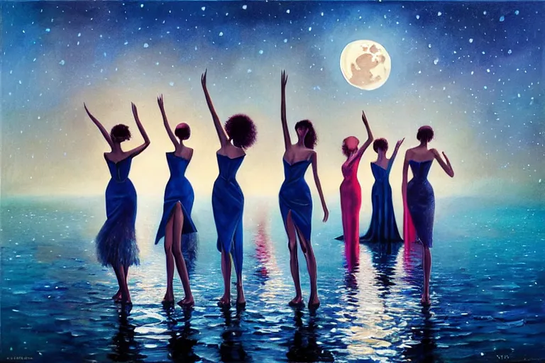 Prompt: 3 d, close - up, night, group of fashion models standing in a night lake with their hands raised to the bright moon, moon ryas, vogue cover style, intricate oil painting, high detail, figurative art, multiple exposure, poster art, 3 d, by stanley kubrick and tooth wu and wlop and beeple