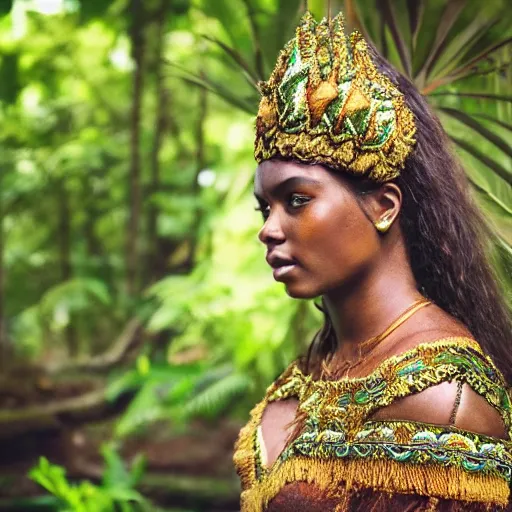 Prompt: a regal brown woman wearing an intricate dewdop armor. very detailed. woman is surrounded by lush green tropical forest. extremely photorealistic.