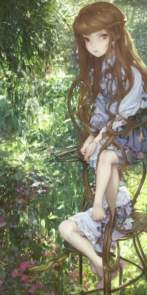 Image similar to a close up of a loli with long hair in a dress sitting on a metal garden chair in the privet garden at afternoon, green and warm theme, back lighting, by krenz cushart and mucha and akihito yoshida and greg rutkowski and studio ghibli, detailed eyes, 4 k resolution, trending on art station