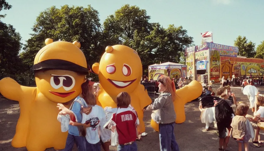 Prompt: 1990s candid photo of a beautiful day at the park, cinematic lighting, cinematic look, golden hour, costumed packaged food mascot people in the background, Enormous personified packaged food mascot people with outstandingly happy faces talking to families, UHD