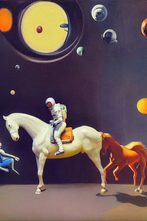 Prompt: a horse sits astride an astronaut, hauntingly surreal, highly detailed painting by francis bacon, edward hopper, adrian ghenie, gerhard richter, and james jean soft light 4 k,