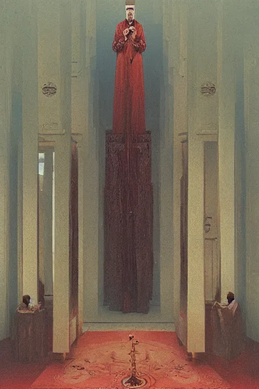 Image similar to an orthodox patriarch in a very tall russian temple, in style of Zdzislaw Beksinski,