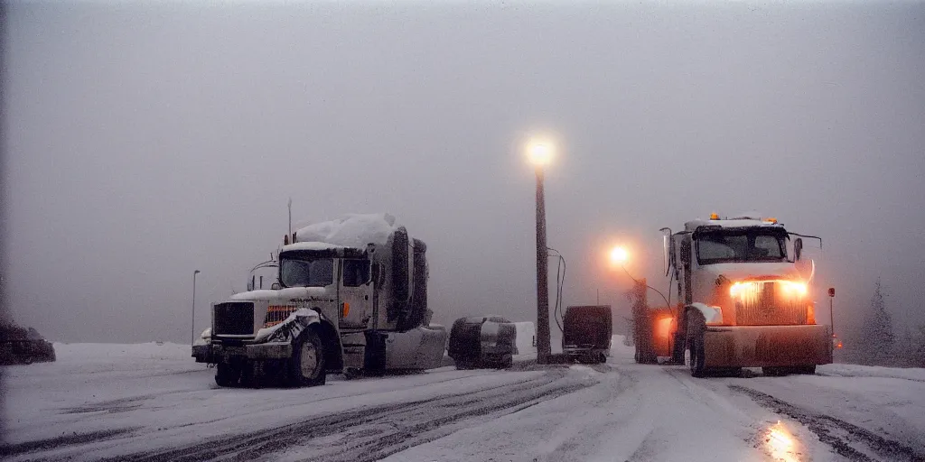 Image similar to photo, big snow plow truck is in the distance with a bright headlighta. cold color temperature, snow storm. hazy atmosphere. humidity haze. kodak ektachrome, greenish expired film, award winning, low contrast,