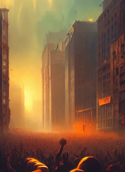 Image similar to painting of a crowd with raised arms pointing toward, demonstration in city, cinematic view, epic sky, detailed, concept art, low angle, high detail, warm lighting, volumetric, godrays, vivid, beautiful, trending on artstation, by jordan grimmer, huge scene, art greg rutkowski