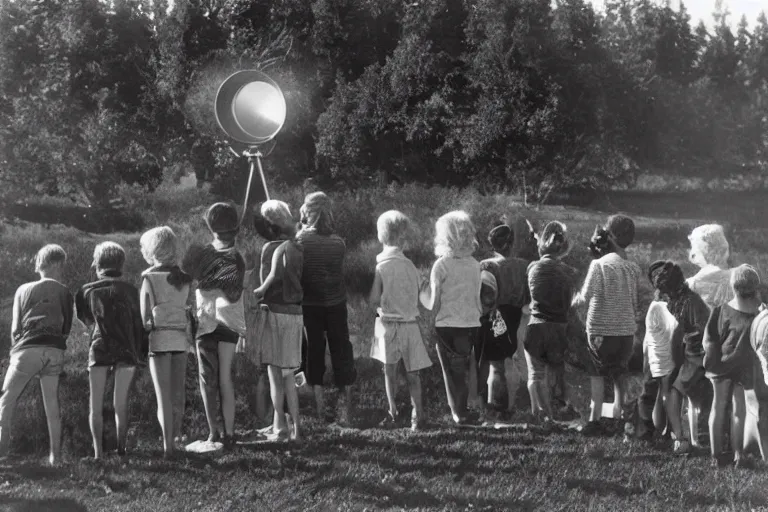 Image similar to A line of children waiting to look through a telescope, Ansel Adams