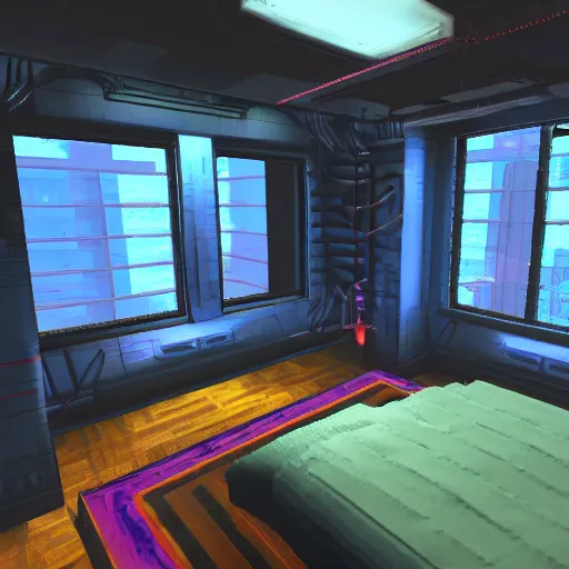 Image similar to system shock 2 inspired bachelor pad with city view