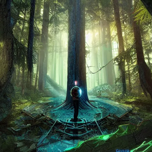 Prompt: a man standing in front of a portal in the middle of a forest, poster art by stephan martiniere, behance contest winner, sci - fi, reimagined by industrial light and magic, concept art