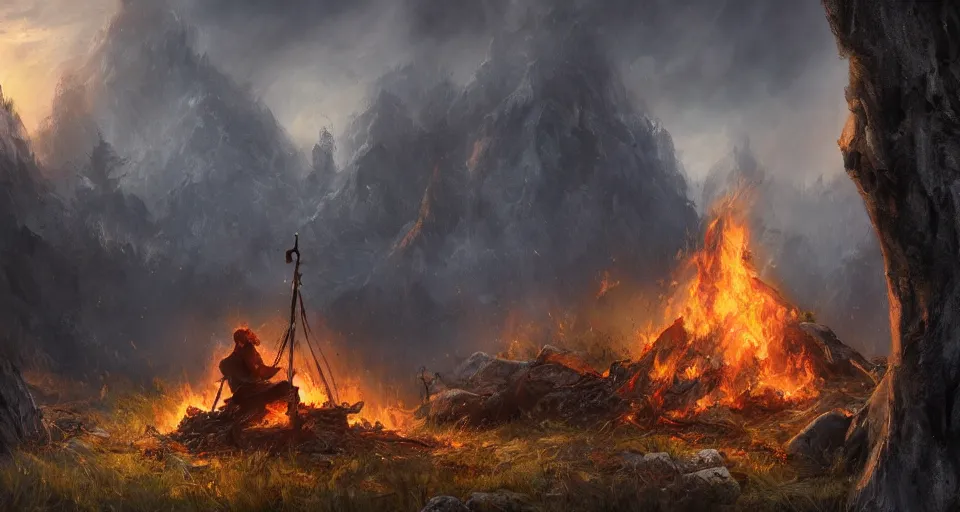 Image similar to an epic fantasy adventurer's tent left alone with a dying fire, 4 k, extremely detailed. award winning, trending on artstation, 8 k, ultra wide angle