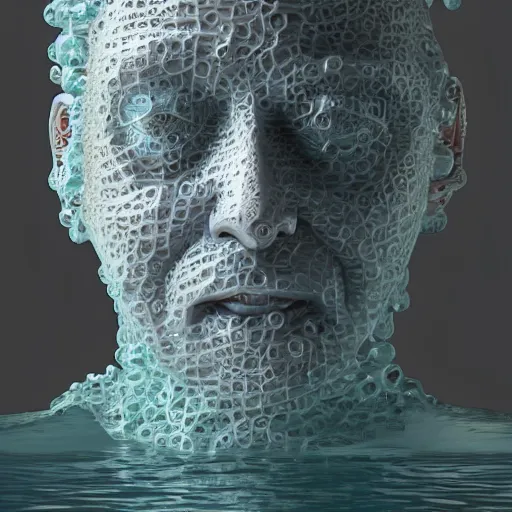 Prompt: a sculpture made of water in the shape of a human head, on the ocean water, water manipulation photoshop, cgsociety, cinematic, in the style of johnson tsang, long shot, hyper detailed, hyper realistic, ray tracing, 8 k resolution, sharp focus, realistic water, award winning