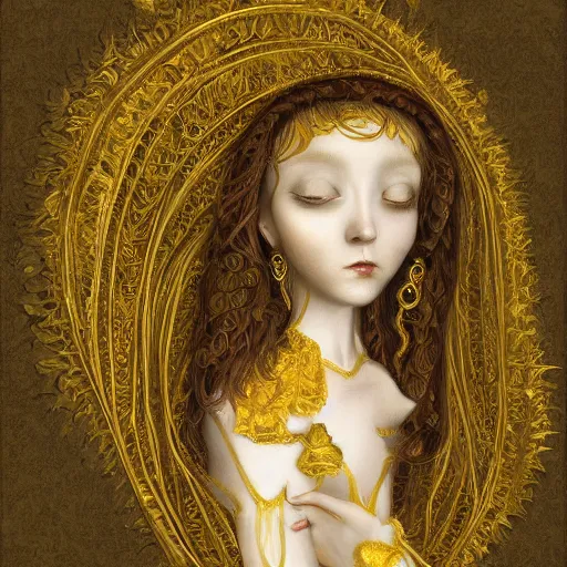 Prompt: a beautiful girl made of ivory and gold, highly intricate, digital art, very detailed, in the style of a weird and dark art noveau flemish painting, foggy