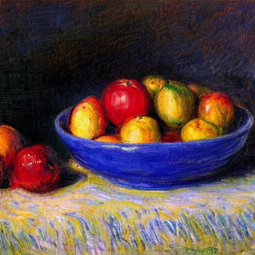 Image similar to in the style of Monet, a bowl of fruits, very highly detailed, 8k, wallpaper