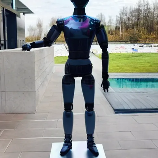 Image similar to a realistic detailed photo of a guy who is an attractive humanoid who is half robot and half humanoid, who is a male android, soccer player timo werner, shiny skin, posing like a statue, blank stare, by the pool, on display, showing off his muscles, humanoid robot, frozen ice statue, made of ice