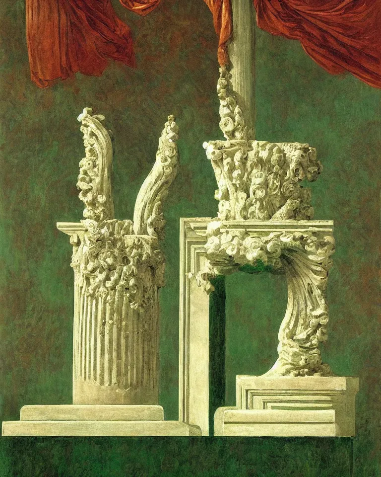 Image similar to achingly beautiful painting of intricate ancient roman corinthian capital on emerald background by rene magritte, monet, and turner. giovanni battista piranesi.