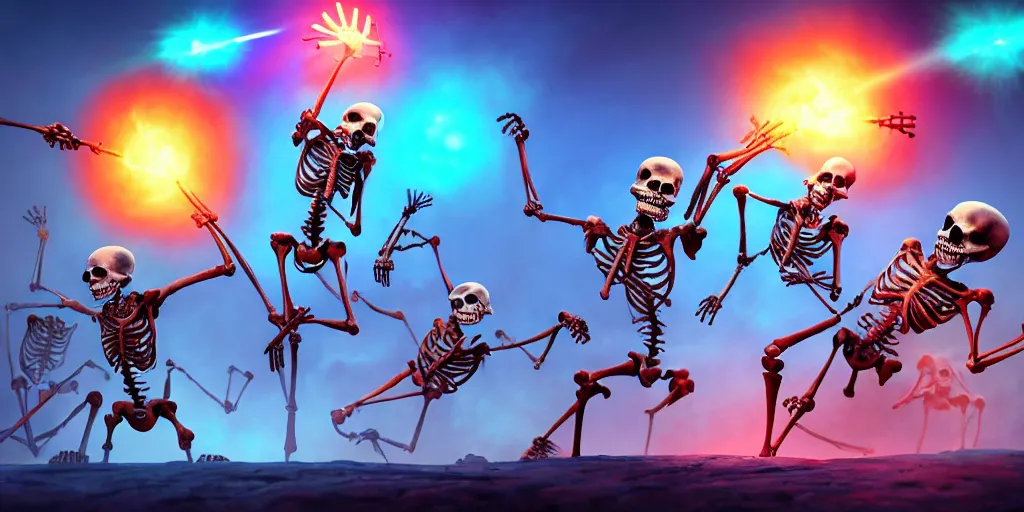 Image similar to skeletons, they are in front of a desk working on a new dark spell that is casting out flowing energy, colorful, flowing energy, light rays, medium shot, waist up, sharp, concept art, highly detailed, bloom, dramatic lighting, cinematic, by dreamworks