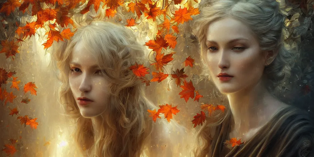 Image similar to breathtaking detailed concept art painting art deco pattern of blonde goddesses faces amalgamation autumn leaves, by volegov, bizarre compositions, exquisite detail, extremely moody lighting, 8 k