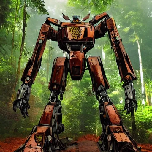 Prompt: A massive humanoid mecha with jagged, rusted armor. The background is a lush overgrown jungle with thick, towering trees