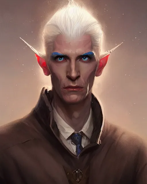 Image similar to character portrait of a slender half - elven man with white hair and piercing blue eyes, by greg rutkowski, mark brookes, jim burns, tom bagshaw, trending on artstation