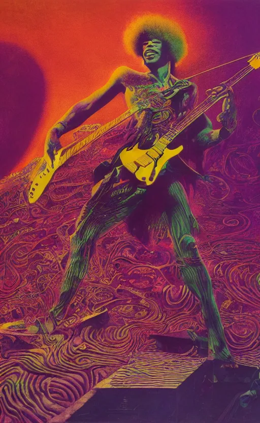 Prompt: jimi hendrix playing guitar, colourful afrofuturist biomorphic opart, octane render 8 k, pascal blanche, josh kirby, roger dean, james jean, giger, arthur rackham, moebius, syd mead, killian eng beksinski, greg hildebrandt, scifi, 8 k