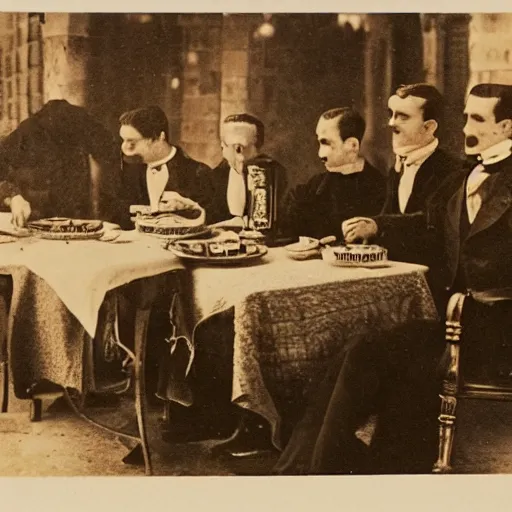 Image similar to a bunch of victorian era vampires eating pizza in tel aviv