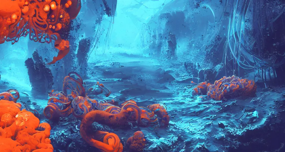 Image similar to bioluminescent underwater life fighting, blue and orange light, cyberpunk, deep ocean, bottom of the sea, dark, extreme depths, organic, mariana trench, midnight zone, bubbles, hyper realistic, hyper detailed, digital art, trending in artstation, studio quality, photorealistic, photo, by jesper ejsing, wlop, paul lehr
