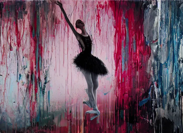 Prompt: young ballerina floating in paint in a big dark room, painted in style of marlene dumas, andreas gursky, pat steir, oil painting, dripping paint, threads, neon, glitch, intricate details, lonely, psychologic, melancholic, symmetrical face, hyper detailed, rendered in octane, cg society contest winner, altermodern